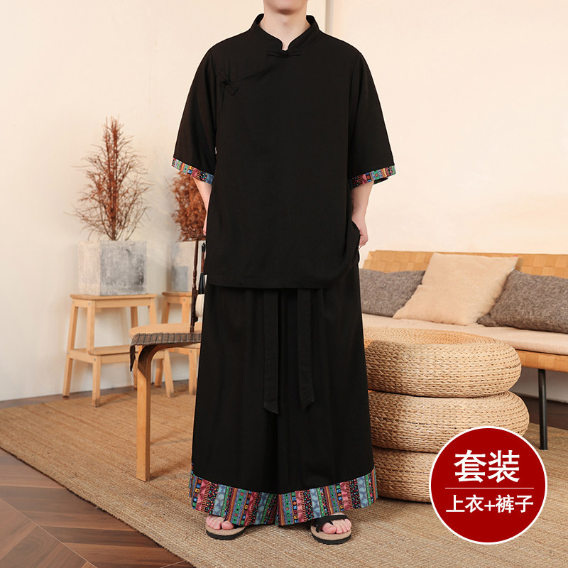 斜襟盘扣亚麻衬衫外套I民族风大桶裤套装男TZ158-P156控178,男装衬衫,电商A005