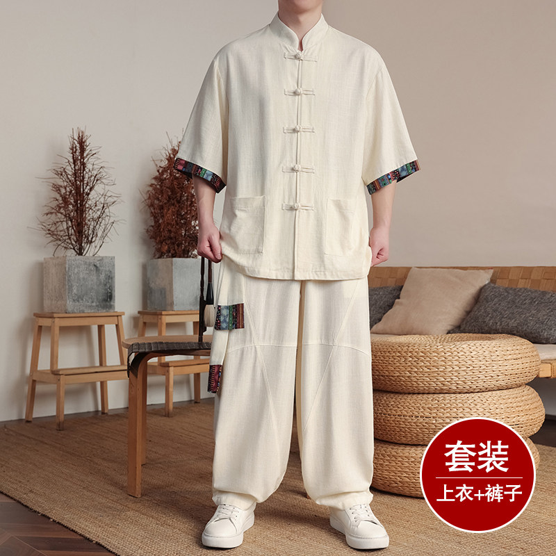 民族风R盘扣亚麻衬衫民族风棉麻阔腿裤套装男TZ163-P163控188,男装衬衫,电商A005