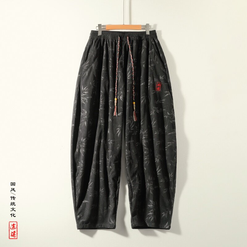 风AA刺绣树叶印花灯芯绒大桶裤宽松长裤萝卜裤男K201-P68控88图片