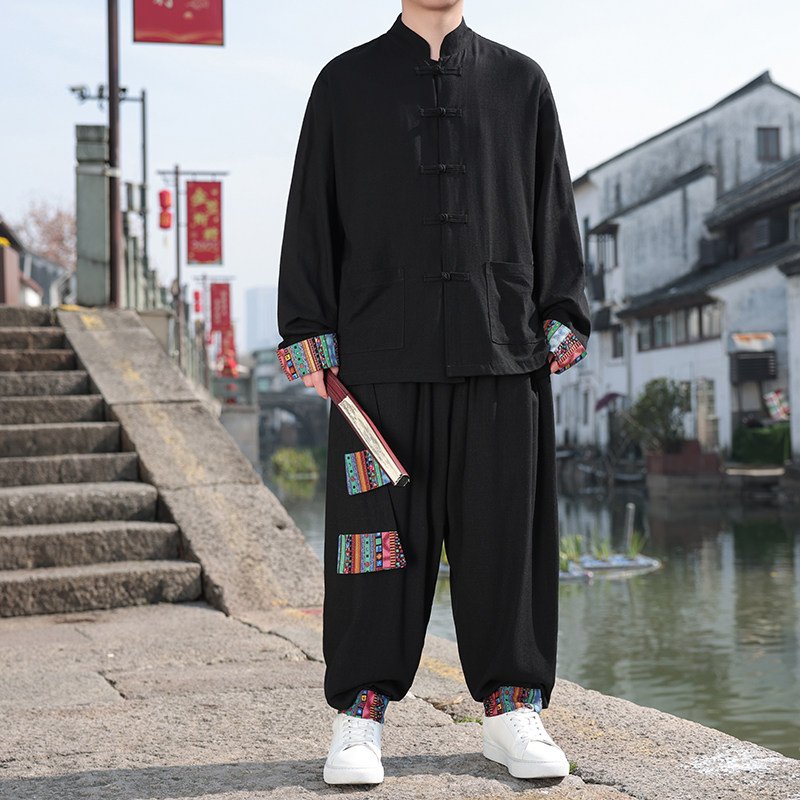 风D盘扣亚麻棉麻衬衫夹克外套大裤裆套装男TZ136-P150控178,男装夹克,电商A005