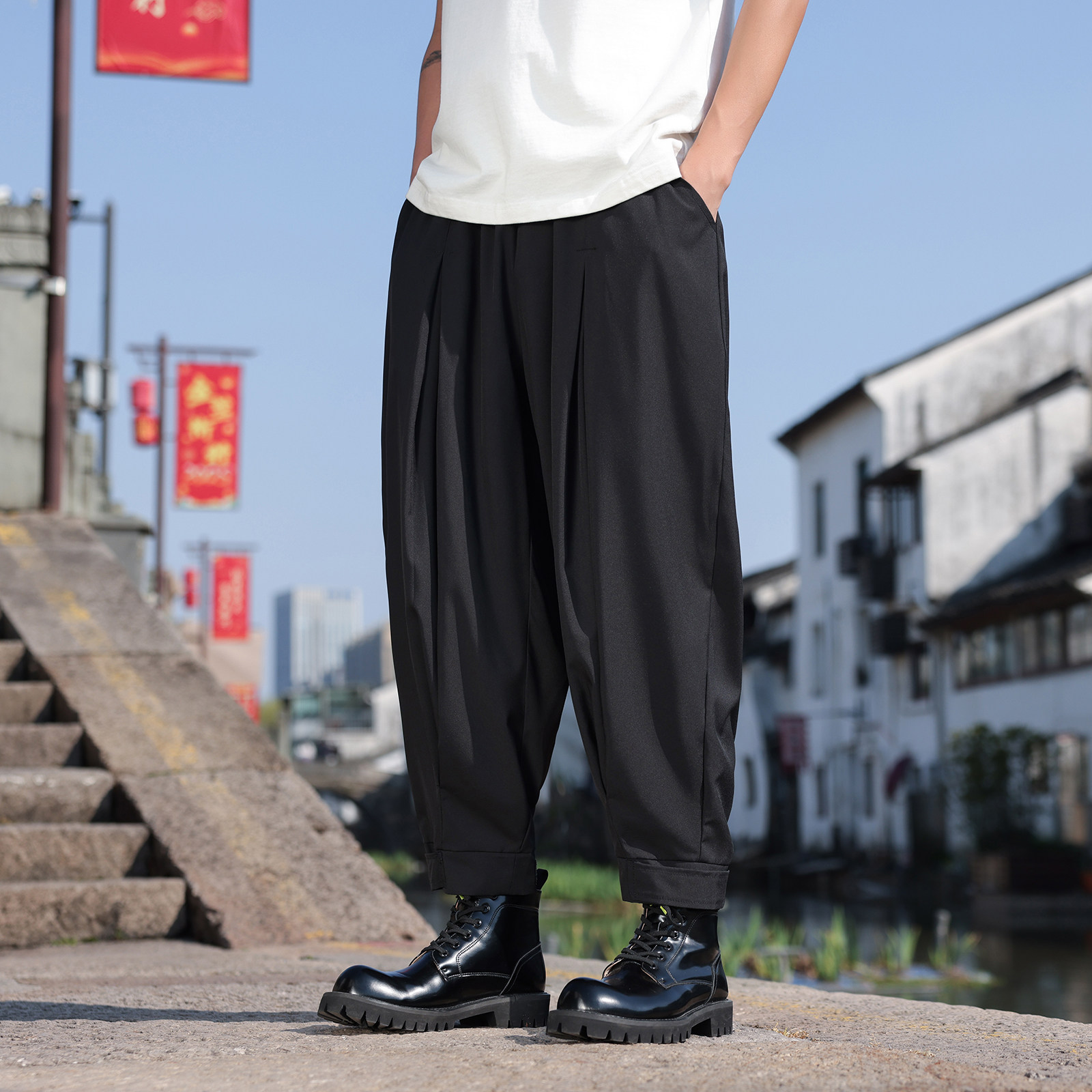 新中式E暗黑不规则小众设计九分嘻哈潮束脚裤男K225-P58控78图片