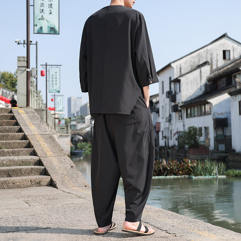 风B纽扣冰丝风古风t恤男T廓形哈伦裤男TZ63-P110控138,男装T恤,电商A005