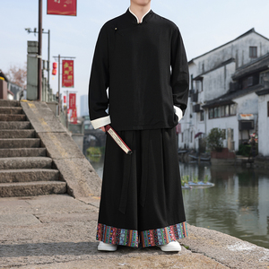 民族风C斜襟盘扣亚麻棉麻衬衫夹克阔腿裤套装TZ153-P186控208