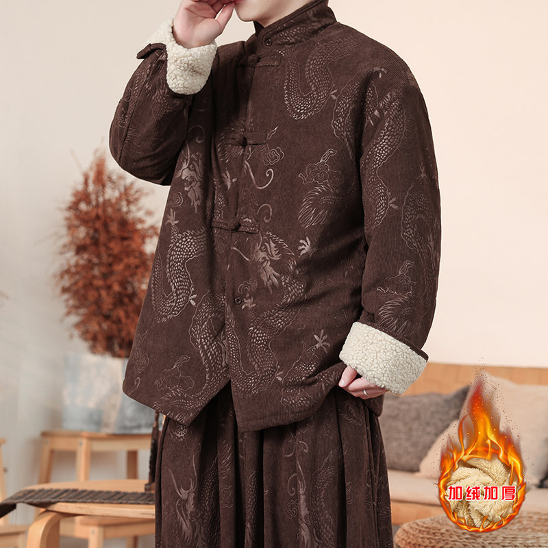 新中式L斜领盘扣龙纹暗花灯芯绒羊羔毛夹克棉衣服JK19-P135控158,男装夹克,电商A005