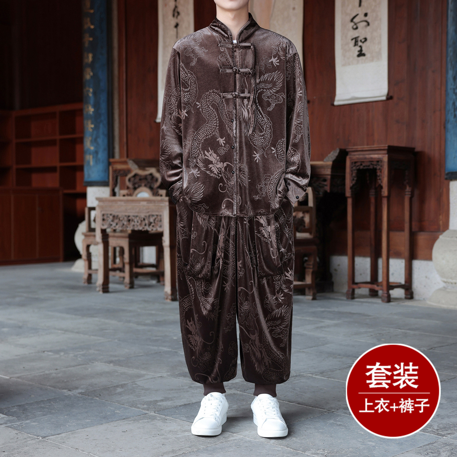 新中式M盘扣龙纹金丝绒外套男哈伦裤飞鼠裤套装男TZ182-P136控158图片