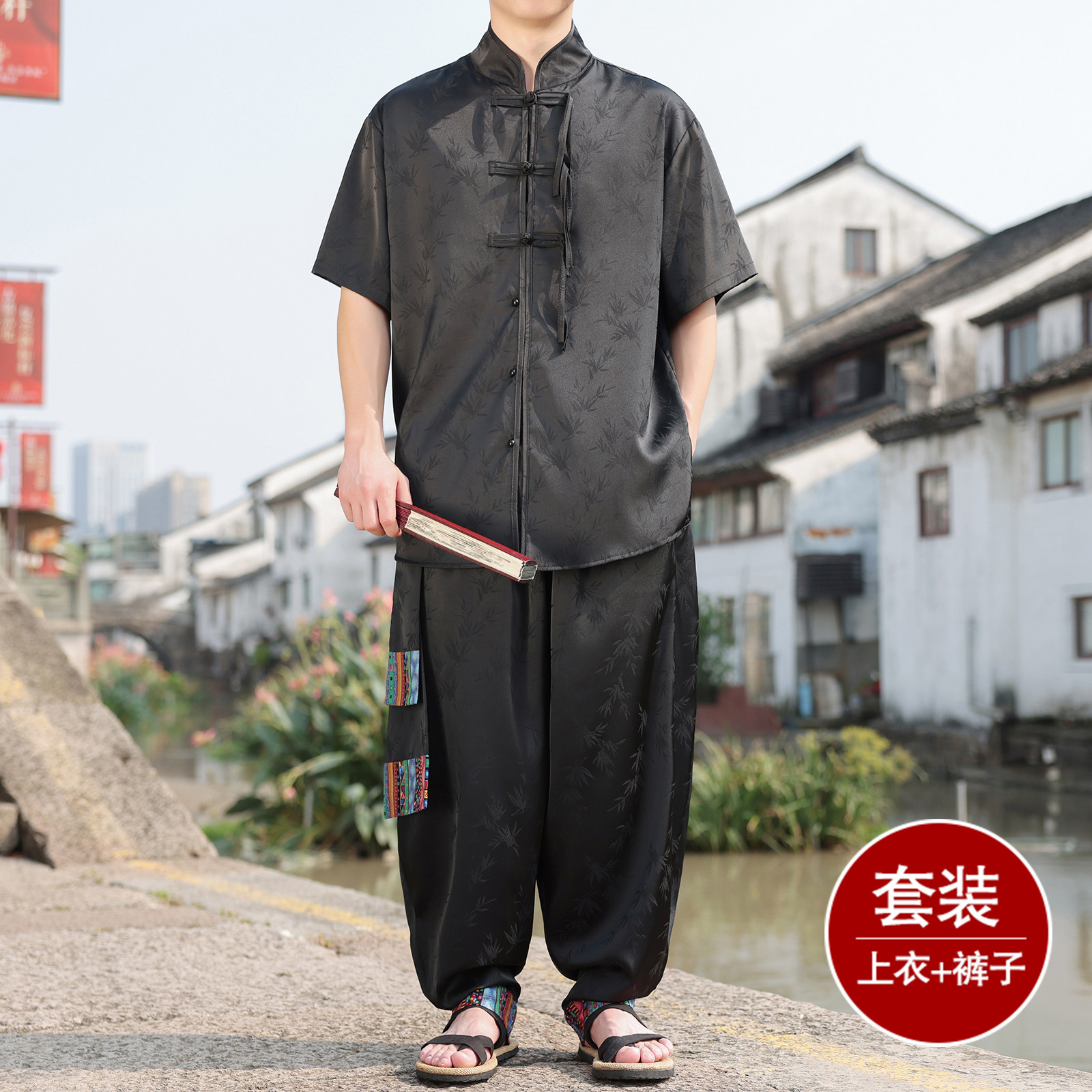 风G树叶暗纹提花冰丝短袖衬衫男飞鼠裤套装男TZ171-P136控158,男装休闲套装,电商A005