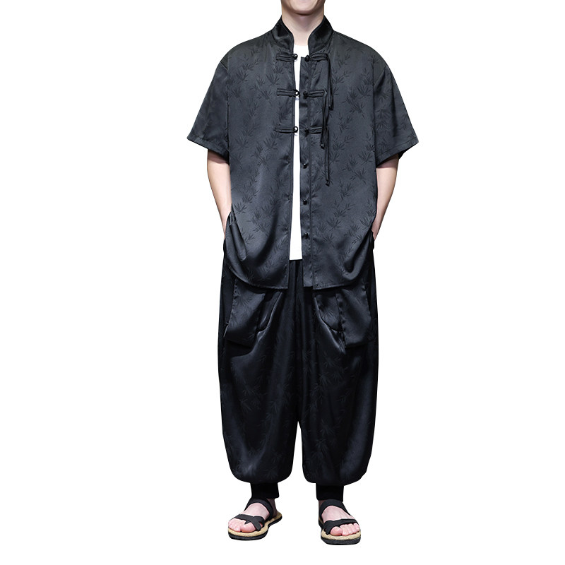 风A树叶暗纹提花冰丝衬衫男嘻哈飞鼠裤套装男TZ156-P136控158,男装衬衫,电商A005