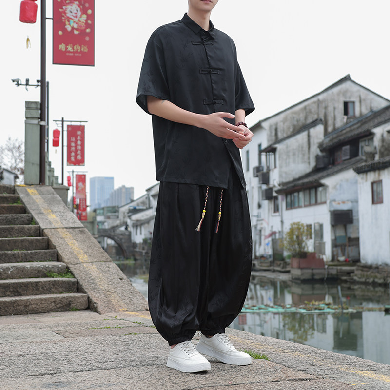 新中式D风暗黑树叶提花冰丝衬衫男萝卜裤套装TZ86-P130控158,男装休闲套装,电商A005