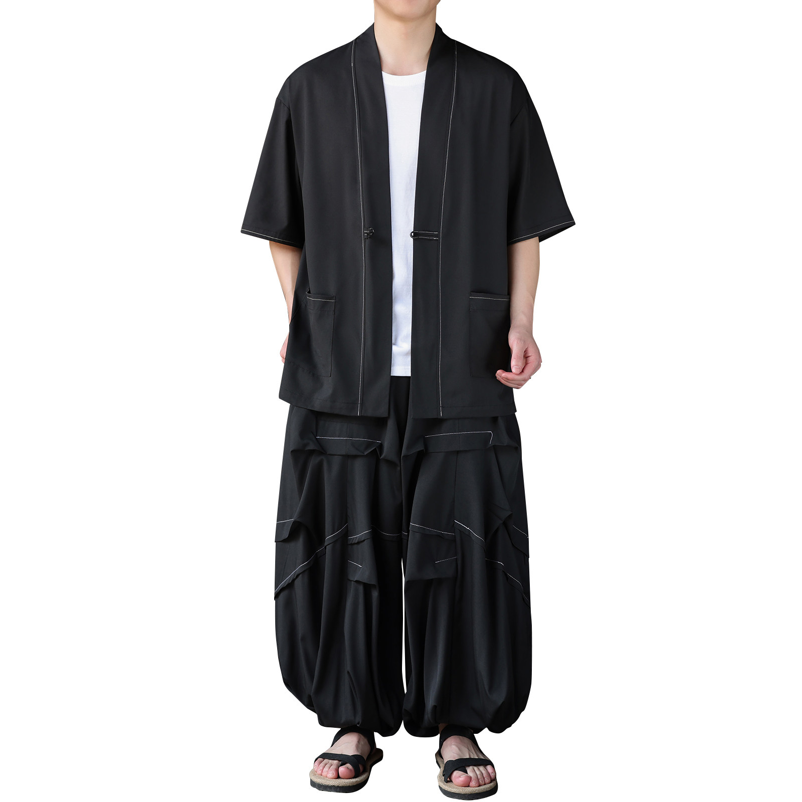 风I冰丝盘扣明线开衫外套折褶阔腿裤男套装男TZ161-P130控158,男装休闲套装,电商A005