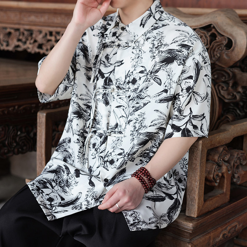 新中式J盘扣不规则设计树叶印花暗纹冰丝衬衫外套男CS69-P70控98,男装衬衫,电商A005