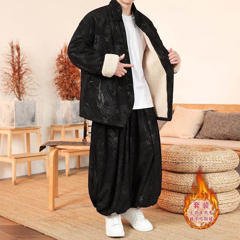 新中式P龙纹灯芯绒羊羔毛夹克棉衣服保暖套装男TZ131-P203控228,男装休闲套装,电商A005