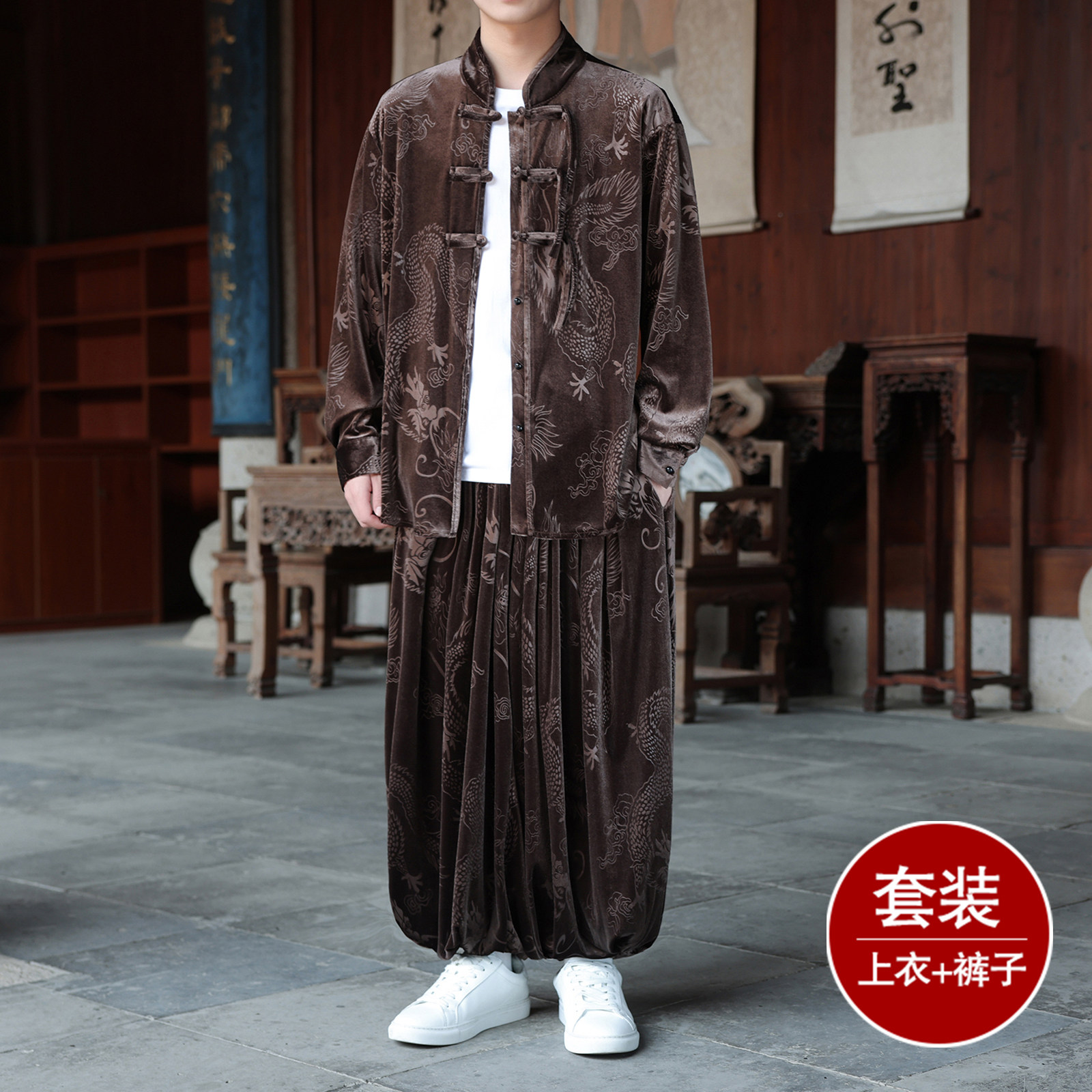 盘扣小众设计K龙纹暗花金丝绒衬衫夹克束脚裤套装TZ178-P136控158图片