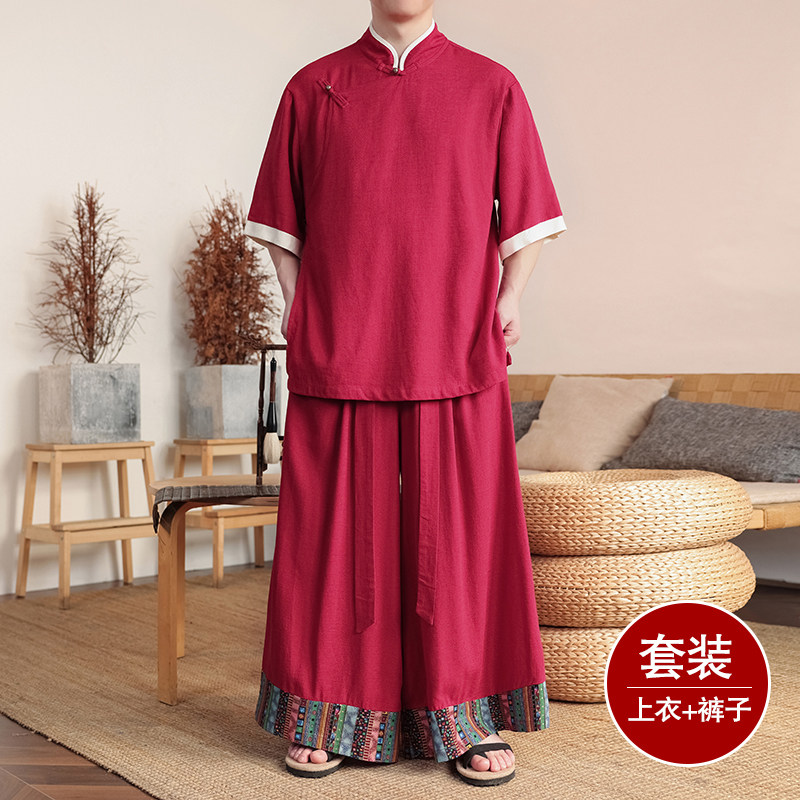 斜襟盘扣K亚麻中袖衬衫民族风复古裙裤阔腿裤套装TZ165-P176控198，男装衬衫，电商A005