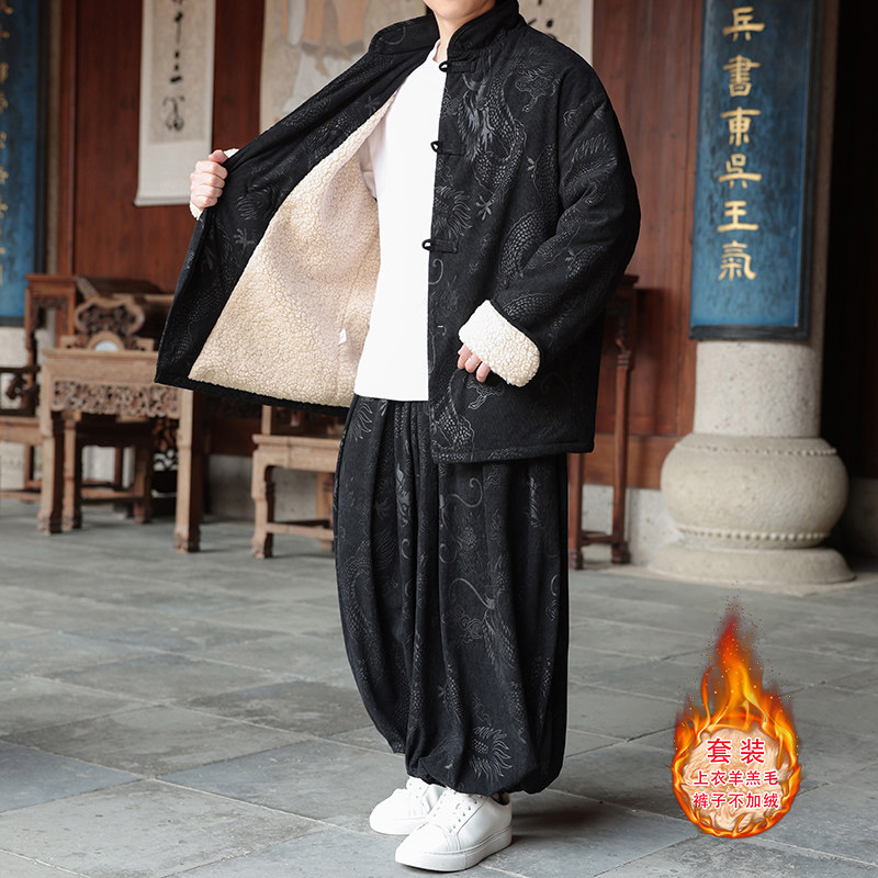 新中式AK龙纹灯芯绒羊羔毛夹克棉衣服保暖套装男TZ131-P203控228,男装休闲套装,电商A005