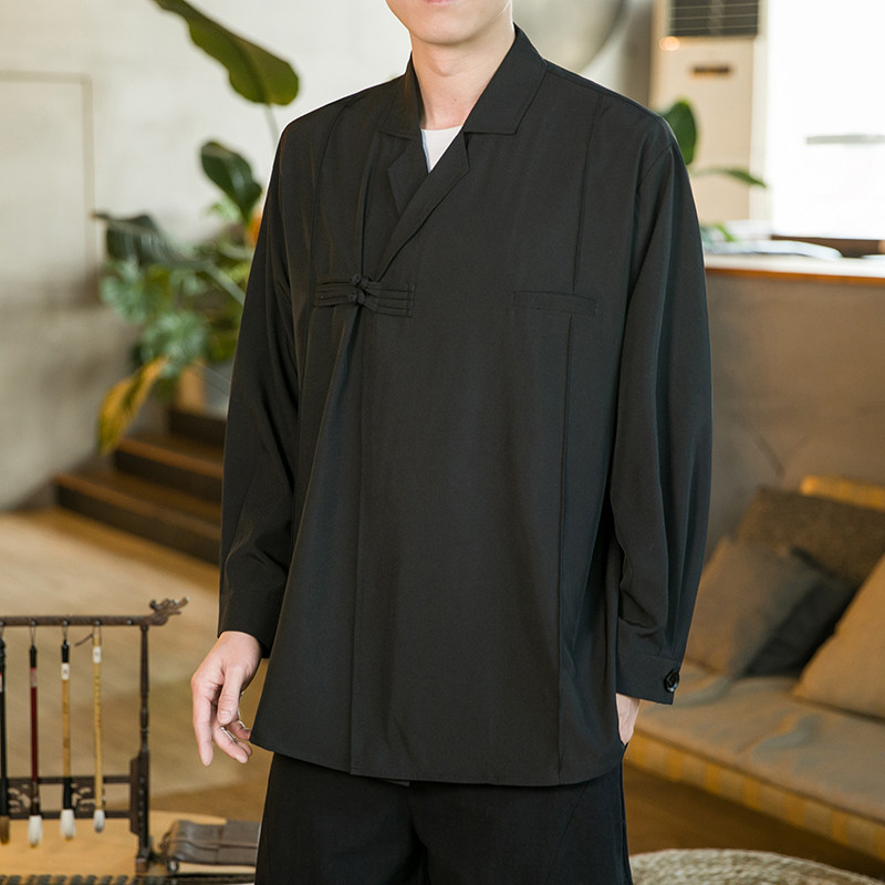风D冰丝盘扣小众设计新中式黑色长袖衬衫外套CS01-P65控88,男装衬衫,电商A005