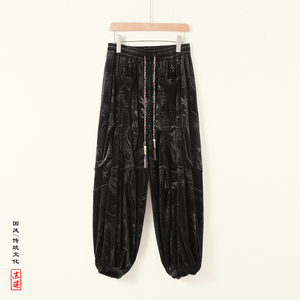 新中式Y风金丝绒龙纹垂感折褶小众设计阔腿裤男K258-P78控98图片
