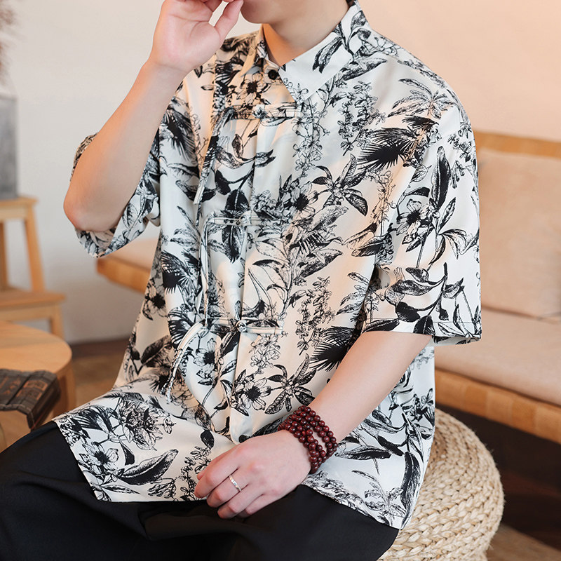 新中式D盘扣不规则设计树叶印花暗纹冰丝衬衫外套男CS69-P70控98,男装衬衫,电商A005