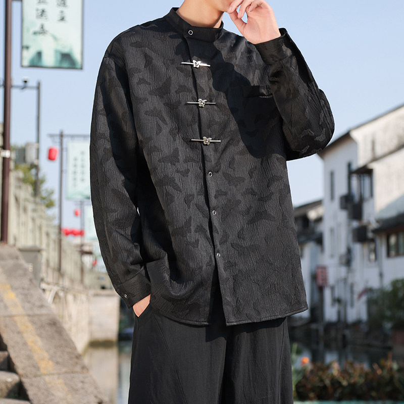 潮新中式D蝴蝶盘扣长袖衬衫复古小众古装唐装外套CS12-P78控98,男装衬衫,电商A005