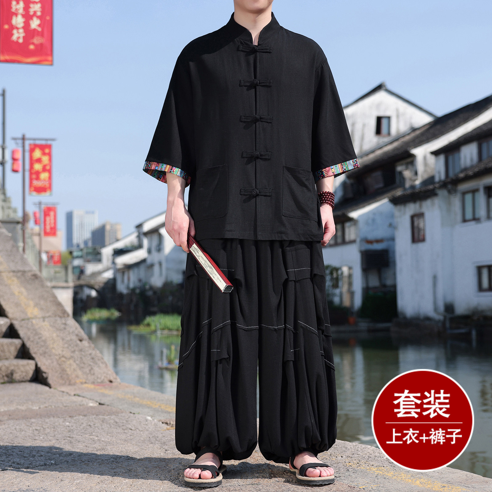 风M拼色棉麻衬衫外套折褶小众阔腿裤套装男TZ169-P153控178,男装休闲套装,电商A005