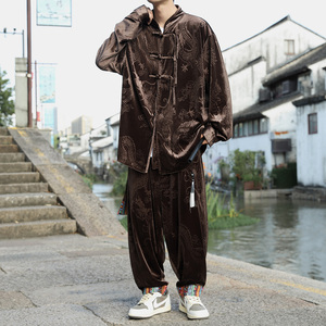 新中式F盘扣龙纹暗花金丝绒夹克舞蹈阔腿裤套装男TZ180-P136控158图片