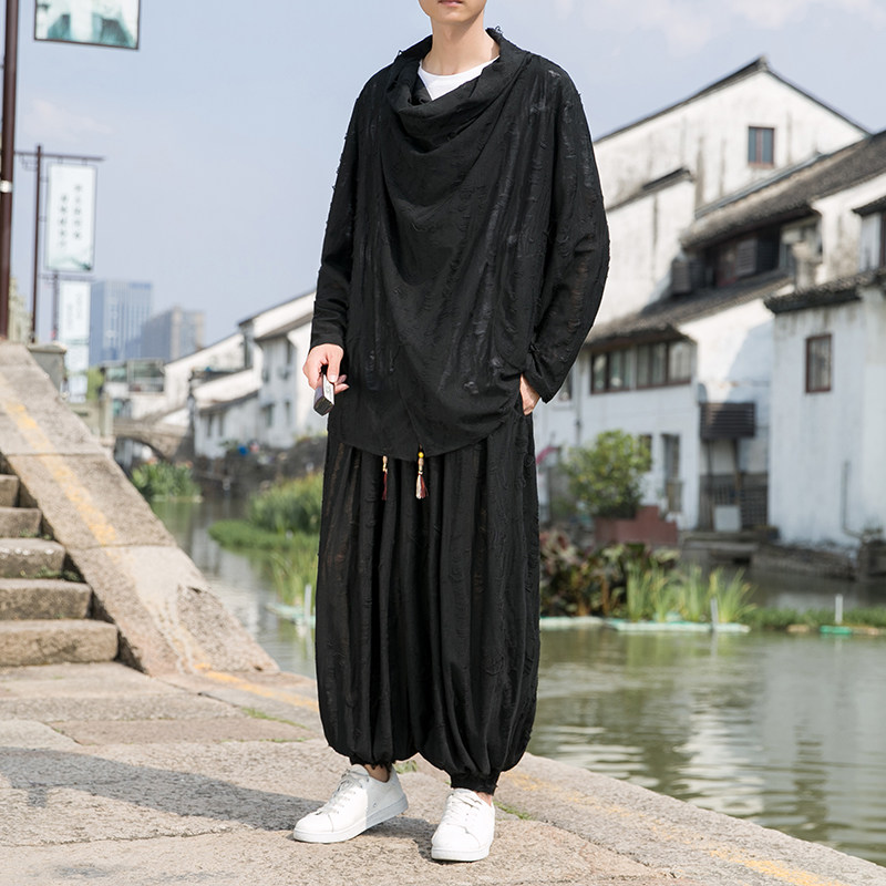 新中式O破洞不规则领堆堆领披风t恤束脚裤套装男TZ31-P143控168，男装T恤，电商A005