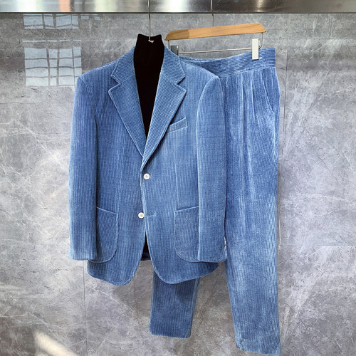 灯芯绒修身西装痞帅高端西服套装