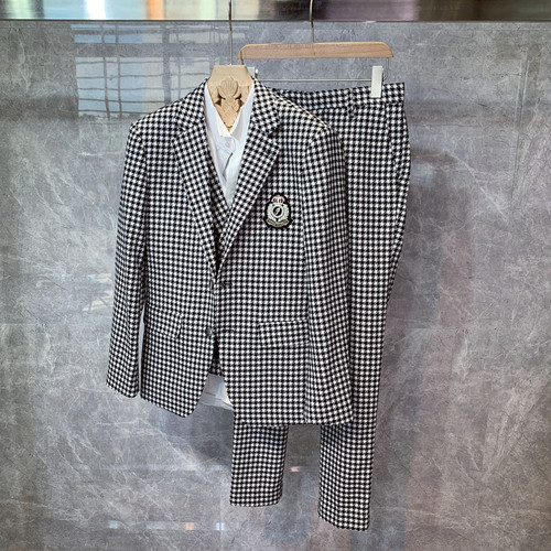 千鸟格韩版潮流时尚新郎结婚礼服