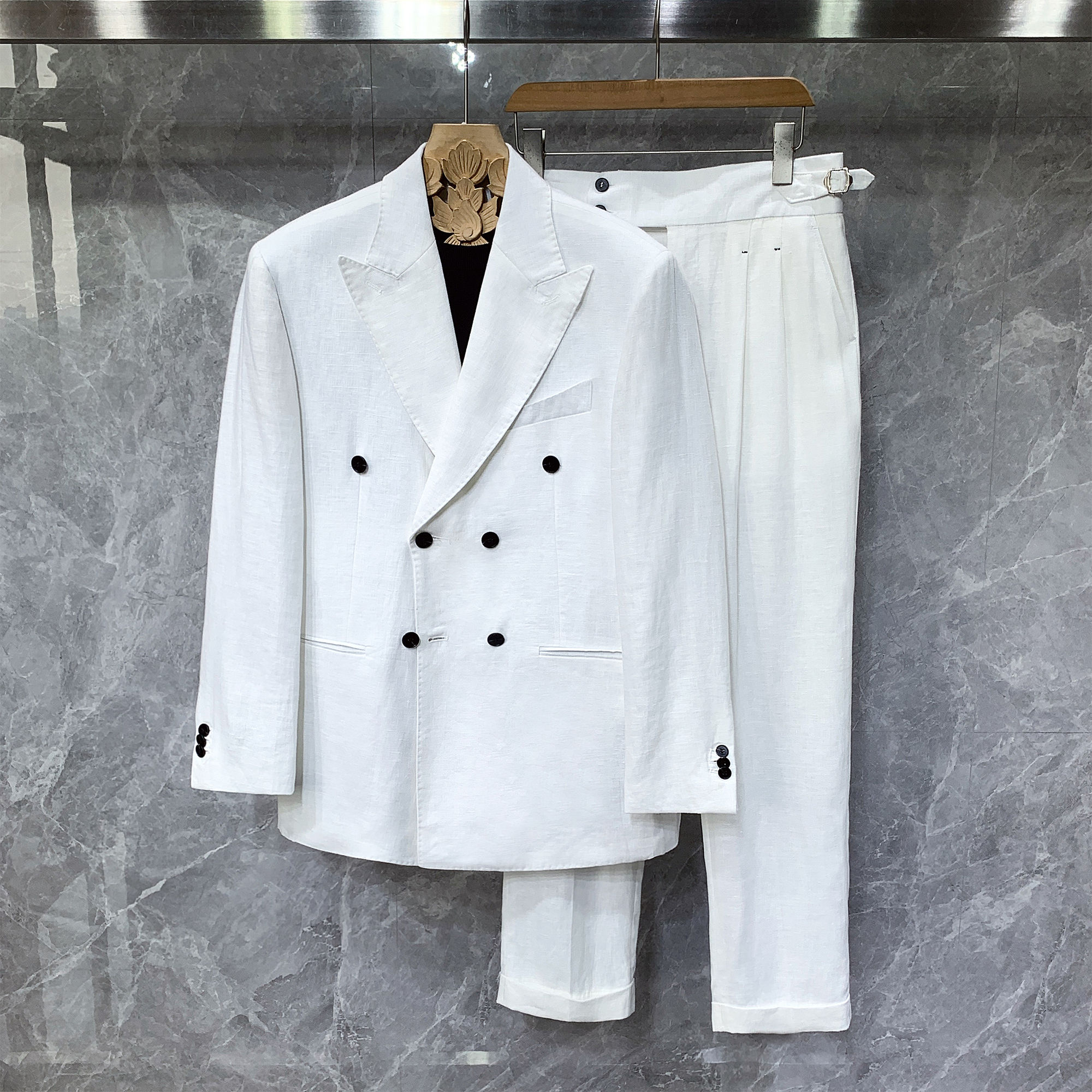 双排扣白色亚麻西装痞帅西服套装