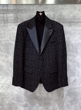 戗驳领高级感刺绣修身小西装外套男士商务休闲正装痞帅高端单西服