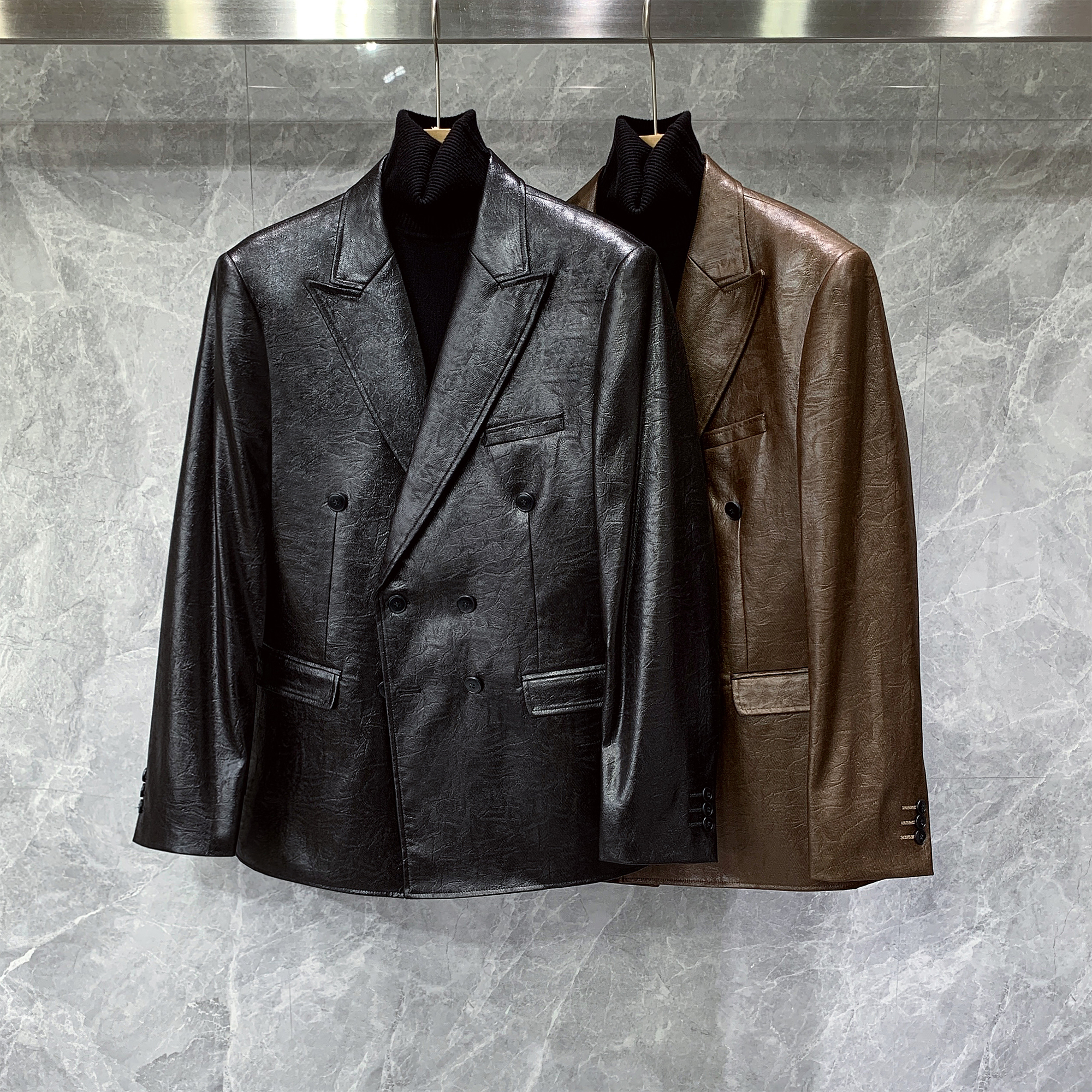 休闲痞帅双排扣小西装修身双排扣