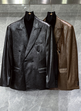 高级感戗驳领双排扣修身小西装外套男士休闲痞帅气单西服高端上衣