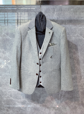 冬季英伦风轻熟正装条纹小西装羊毛外套男士韩版潮流痞帅西服上衣