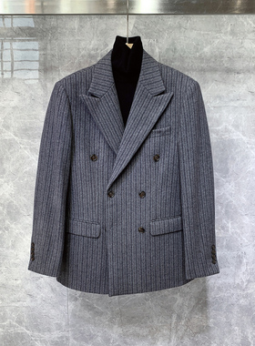 秋冬新款条纹双排扣加厚羊毛呢子西装外套男士休闲正装痞帅单西服