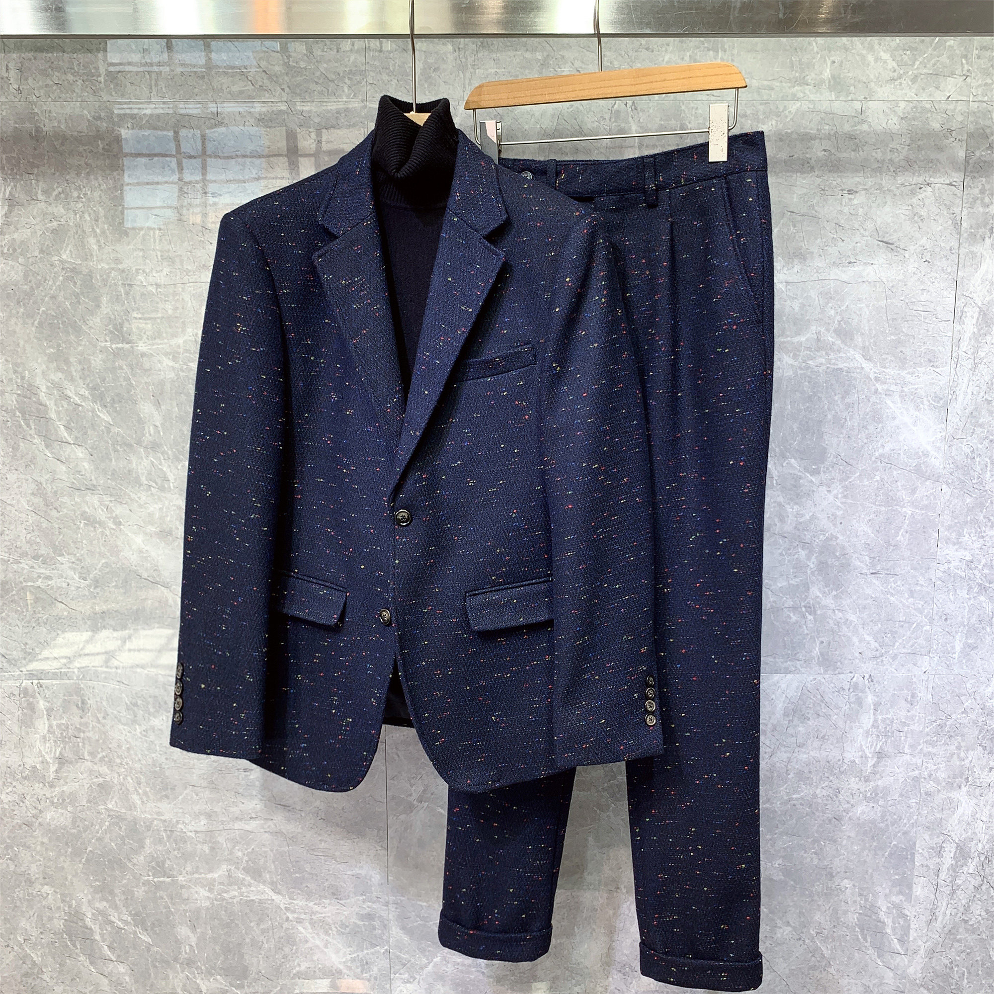 冬季新款英伦轻熟加厚羊毛修身西装男士休闲正装痞帅高端西服套装