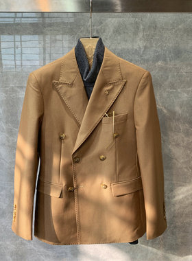 英伦风卡其色修身双排扣小西装外套男士韩版潮流痞帅西服上衣时尚