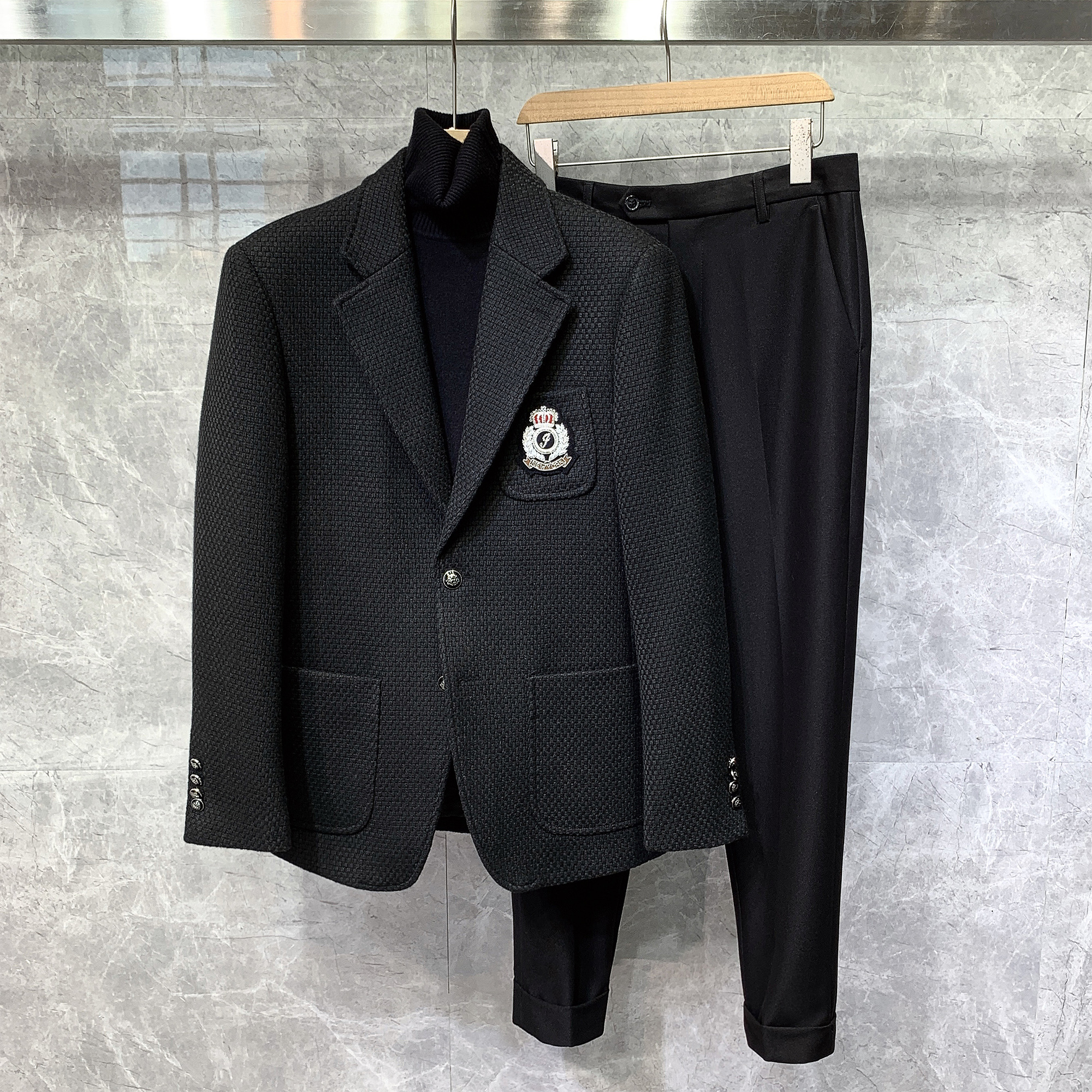 冬季新款英伦风徽章加厚修身西装男士休闲正装痞帅西服套装高级感