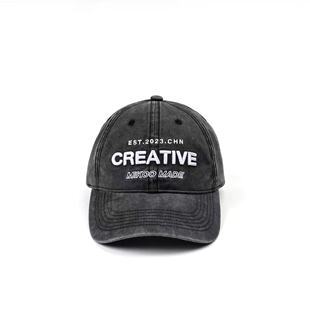 【SOWO】原创纯棉复古做旧黑灰色水洗软顶字母刺绣可调节棒球帽