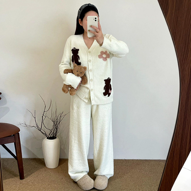 大码女装加绒加厚针织提花睡衣女2025冬胖mm休闲家居服套装23637