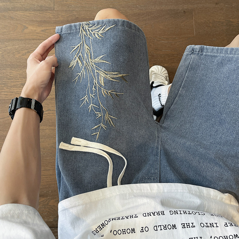 水洗刺绣牛仔短裤男夏季薄款中裤美式街头百搭宽松直筒运动五分裤,男装,牛仔裤,淘宝优惠券,粉丝福利购,淘宝优惠卷