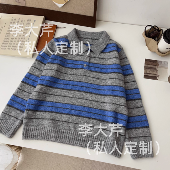 翻领灰蓝针织衫毛衣  秋冬款复古港风时尚经典长袖上衣保暖百搭