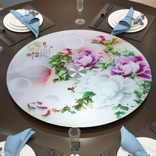 加厚钢化玻璃贴画餐桌转盘带底座酒店旋转印花圆桌面饭店转桌家用