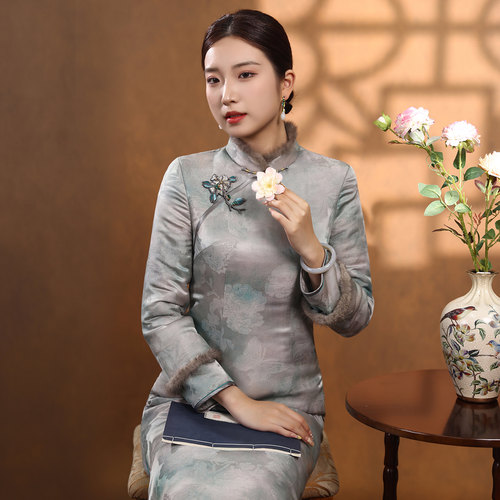 蝶恋桑蚕丝水貂毛夹棉旗袍裙