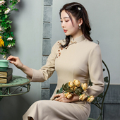 蝶恋旗袍春秋复古中式 绣花崔万志旗袍连衣裙女 斜纹旗袍裙九分袖