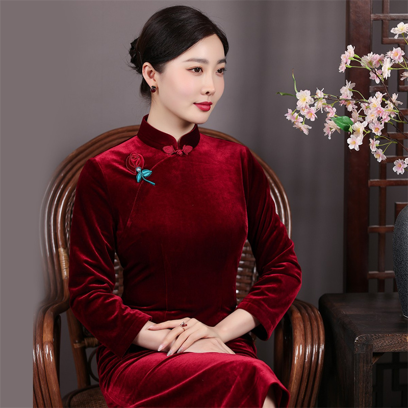 蝶恋改良修身丝绒旗袍裙