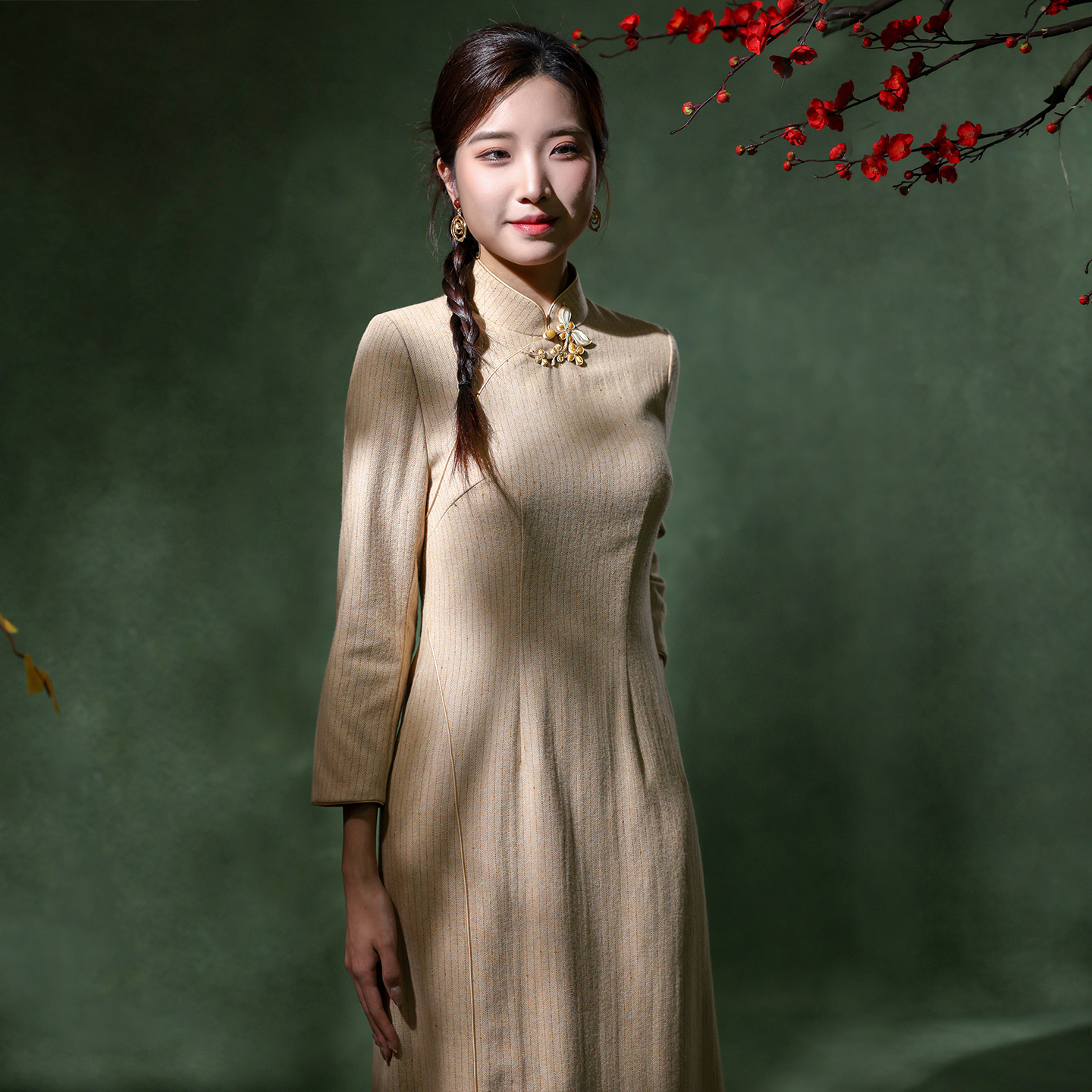 蝶恋绵羊毛呢中式旗袍裙