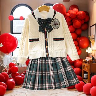 儿童JK学院风女童连衣裙秋冬毛衣百褶裙制服三件套裙子小学生套装