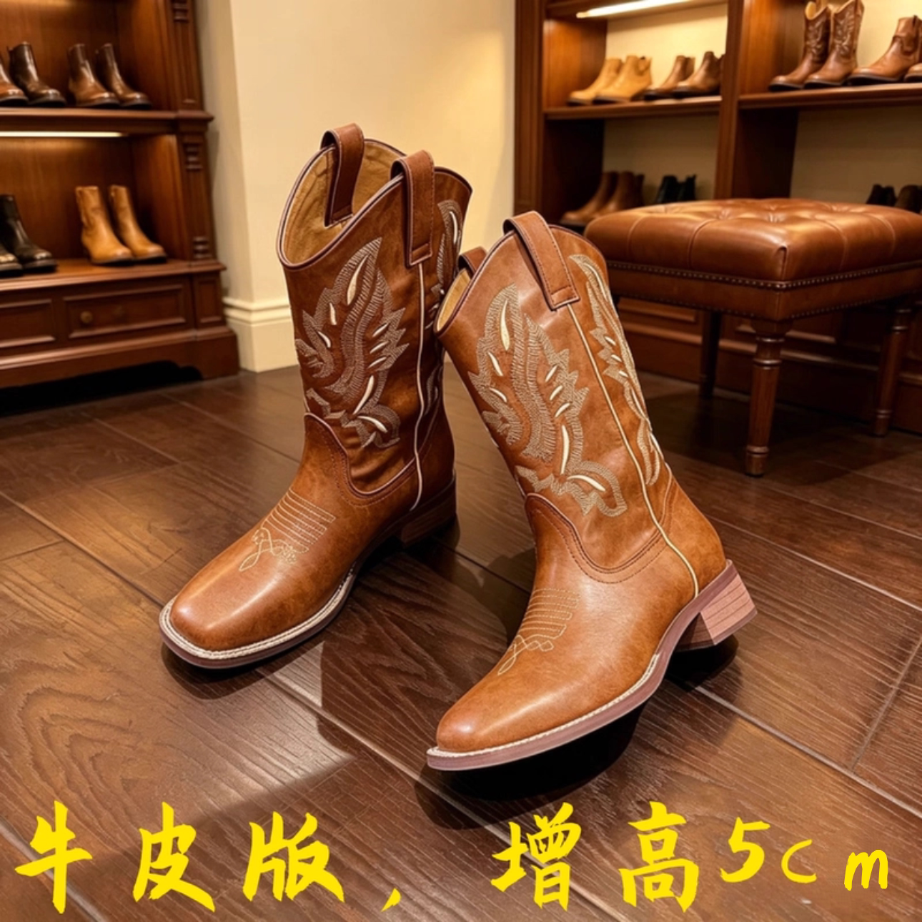 头层牛皮复古刺绣女夏粗跟骑士靴