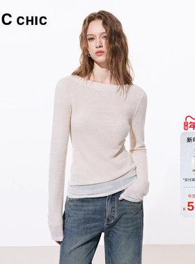 LINCCHIC金羽杰2026年春季新品一字领斜裁修身针织衫女S261SW034Y