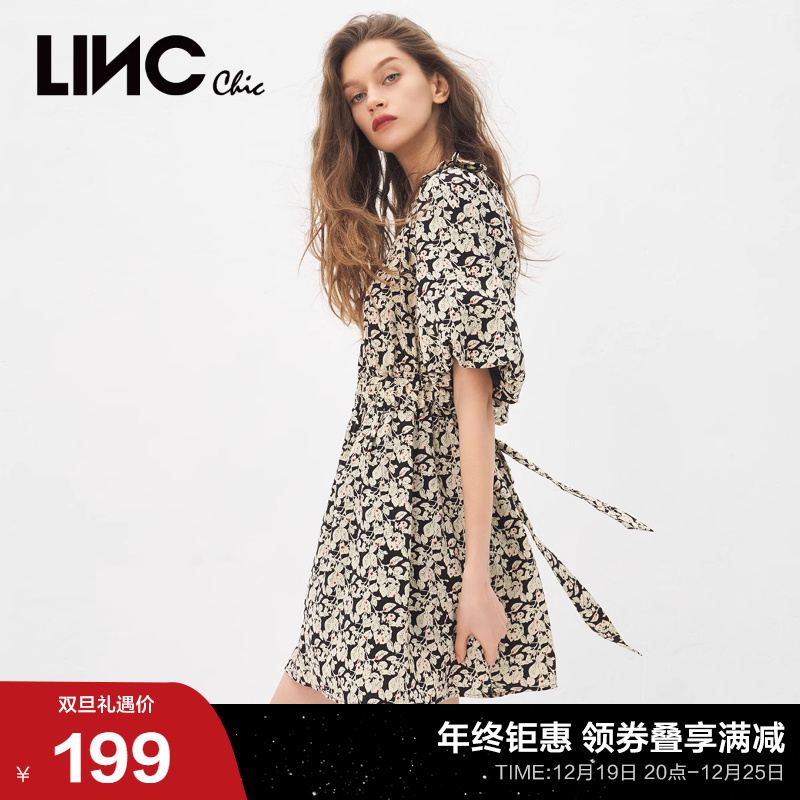 LINCCHIC金羽杰连衣裙女复古泡泡袖碎花连衣裙子女S212DR215