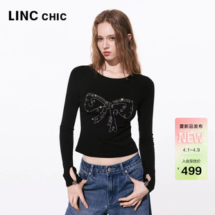 圆领璀璨设计长袖 T恤女S261FK097Y 新品 LINCCHIC金羽杰2026年春季